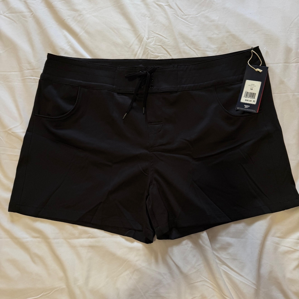 NWT Reebok Women’s Black Athletic Swim Shorts with Drawstring SIZE 18 - Picture 1 of 4